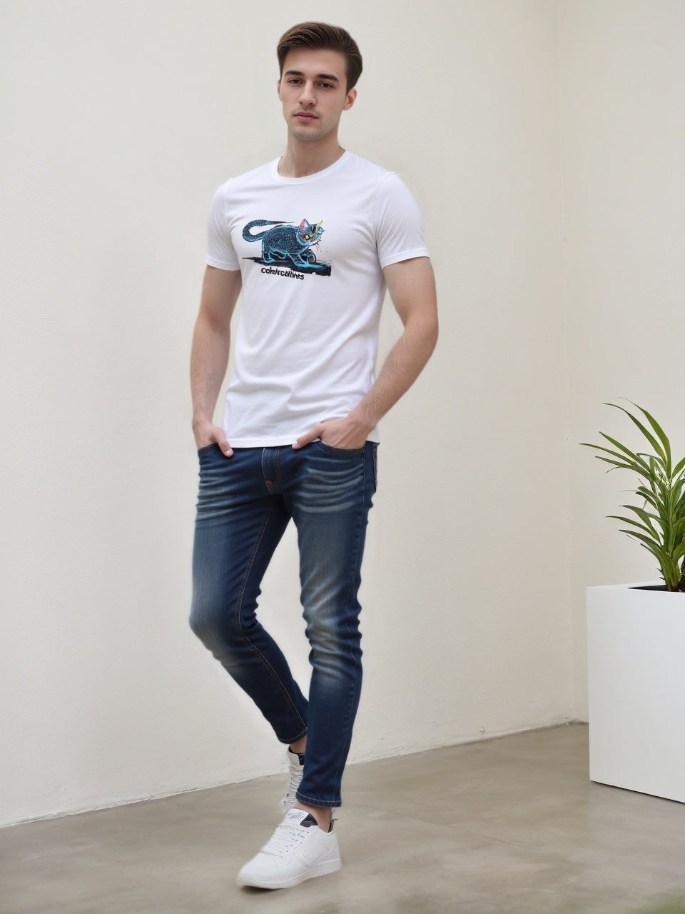Mysterious Star Diamond Cat Men's Pure Cotton T-shirt | Shining Personality | Comfortable Accompanying