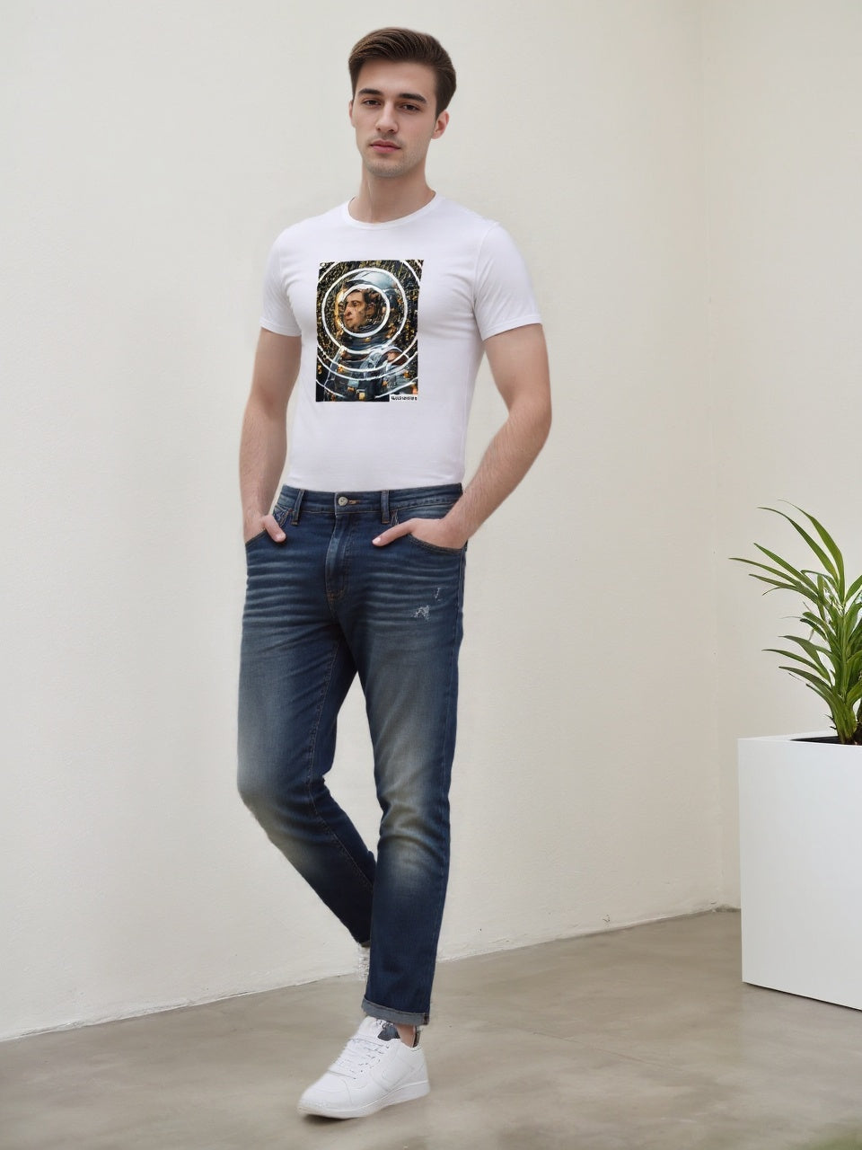 Interstellar Explorer | Technology inspired astronaut print men's pure cotton T-shirt